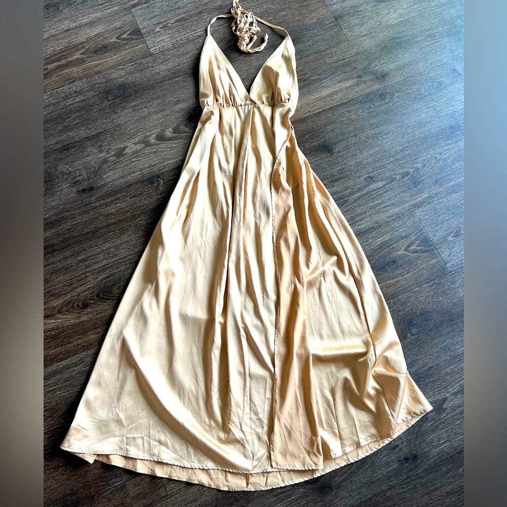 Tan / Beige satin halter dress.